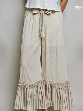 POL Cream Wide-Leg Boho Pants with Tassel Tie
